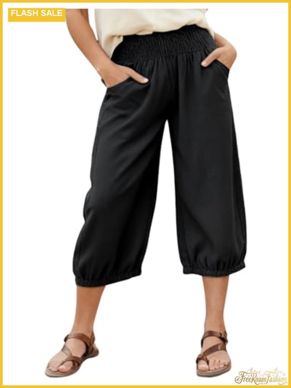 Women's Capri Linen Cotton Pants High Waisted Wide Leg Cropped Trousers